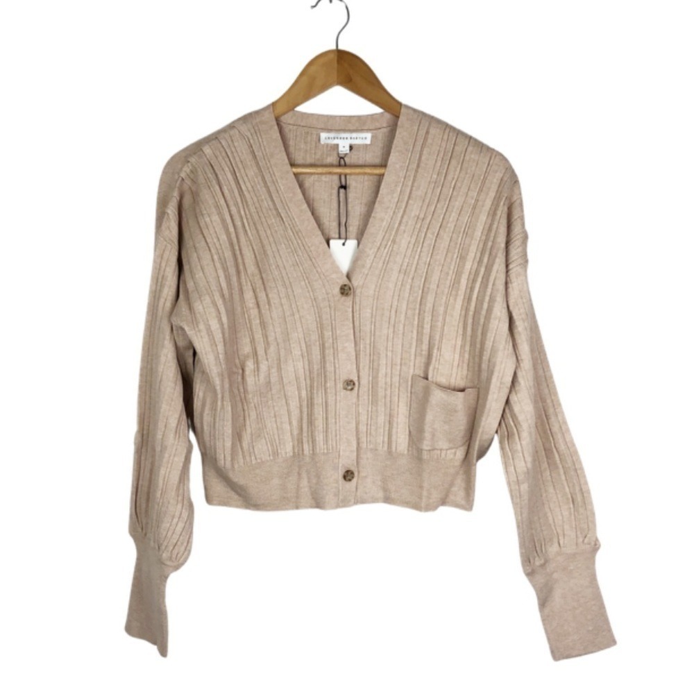 NWT Lavender Sketch Beige Ribbed Button Front Cropped Cardigan Sweater Women Med